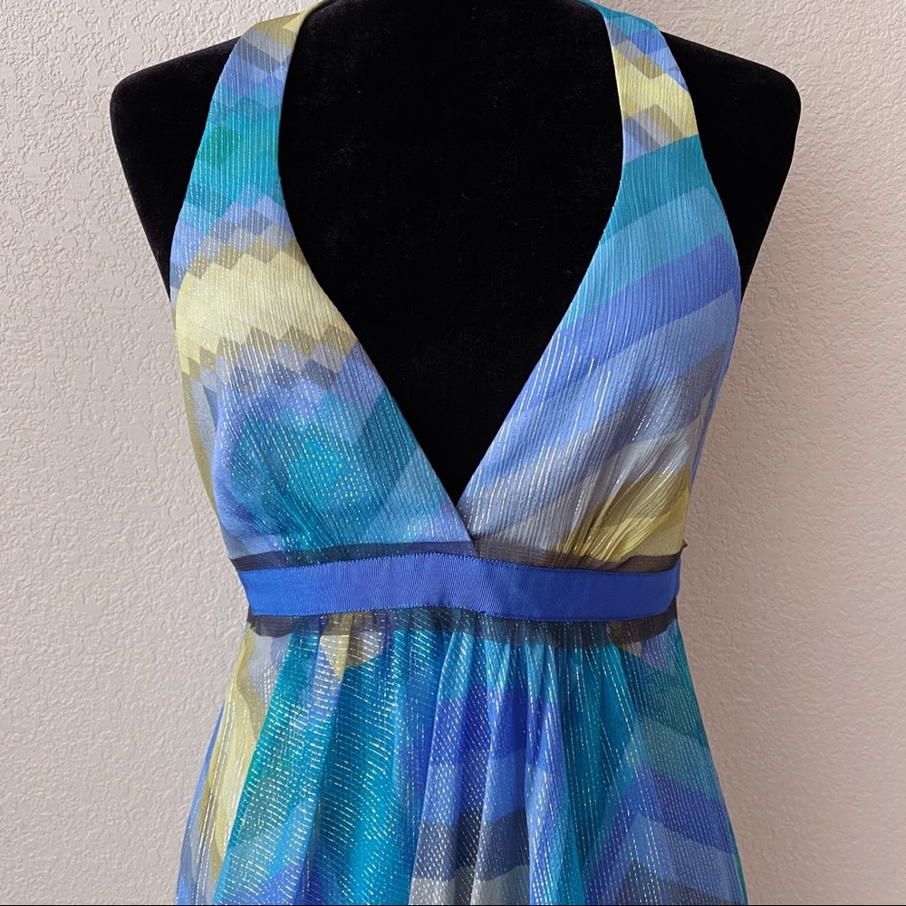 Silk NWOT BCBGMaxAzria Blue and Green halter Maxi Dress - Picture 6 of 12